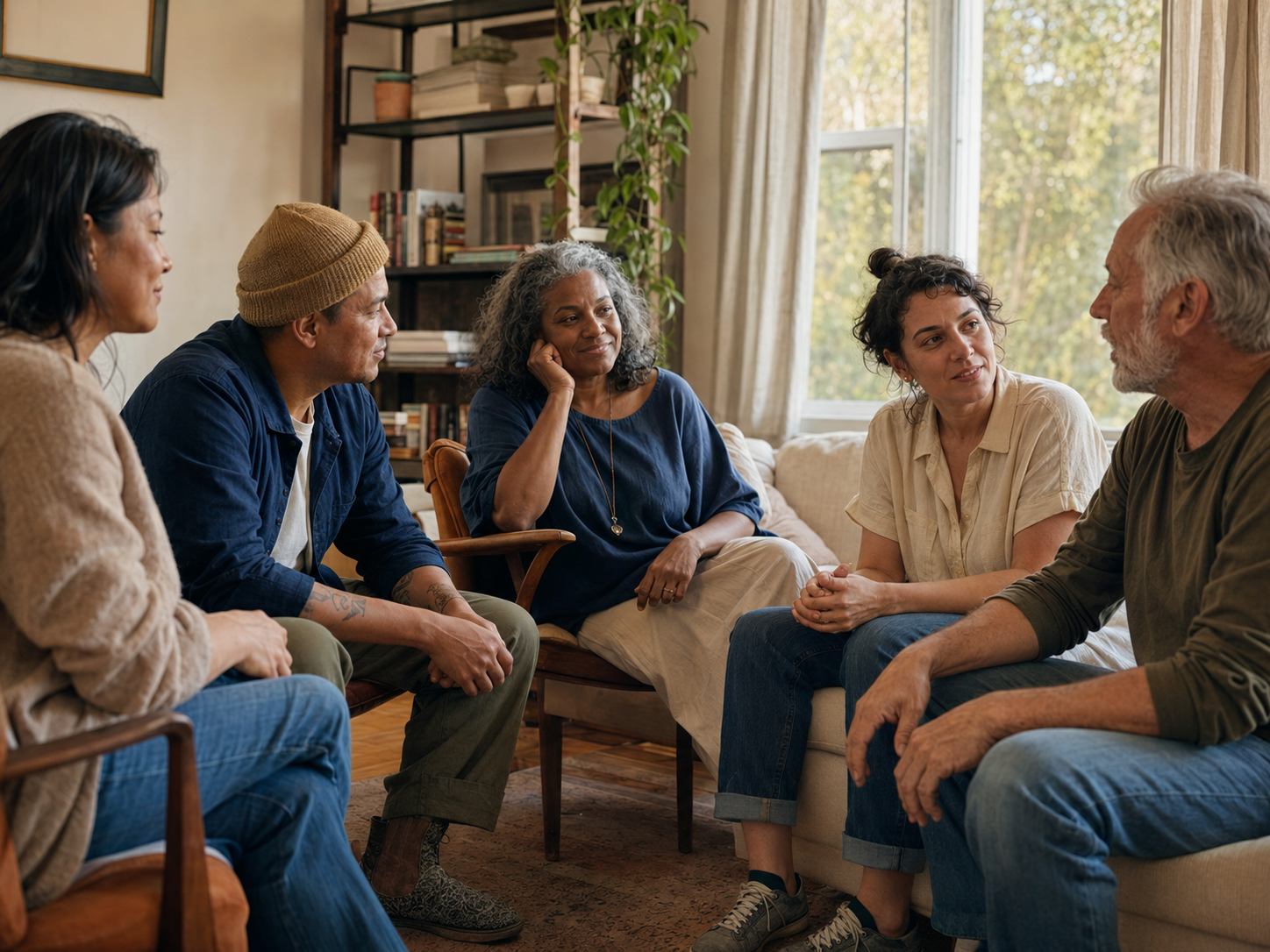 A diverse group of adults talking together in a welcoming room